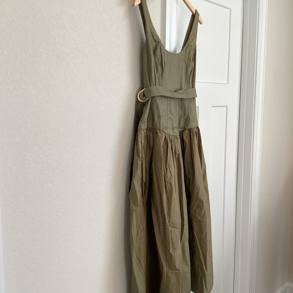 Anthropologie Sleeveless Belted Drop-Waist Midi Dress New Large Boho Moss Green - Picture 14 of 16